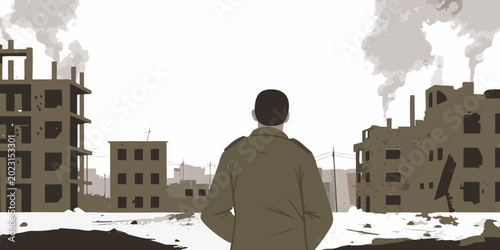 Tableau sur toile Post apocalyptic cityscape illustration with figure looking at ruins