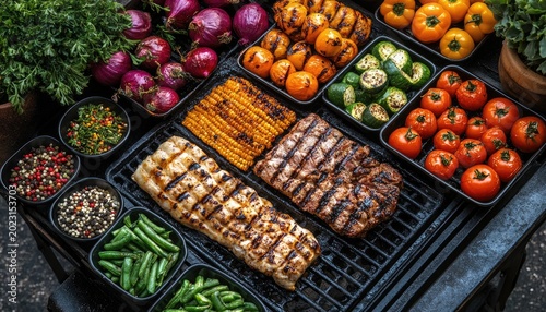 Grilled meats and vegetables are presented on a black grill surface. Use it for food blogs or restaurant and catering promotions.