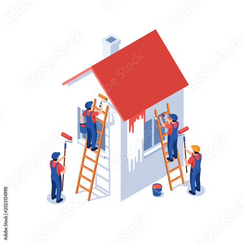 Isometric House Painting Service Vector Illustration: Professional Painters Renovating Exterior Wall and Roof with Rollers and Ladders for Home Improvement Concept