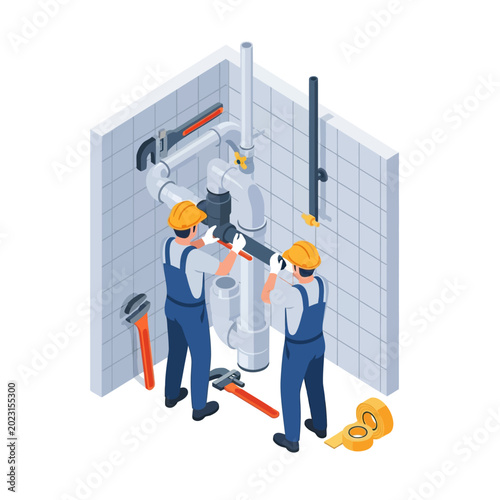 Isometric Illustration of Professional Plumbers Repairing and Installing Water Pipe System with Tools, Home Maintenance and Renovation Service Concept