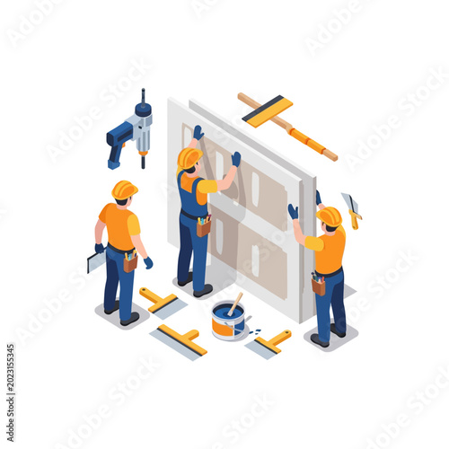 Isometric Construction Workers Installing Drywall and Finishing Wall Panels with Professional Tools for Home Renovation Illustration