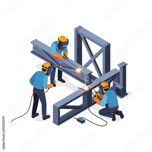 Isometric Illustration of Professional Welders Working on Steel Beams in an Industrial Construction Site