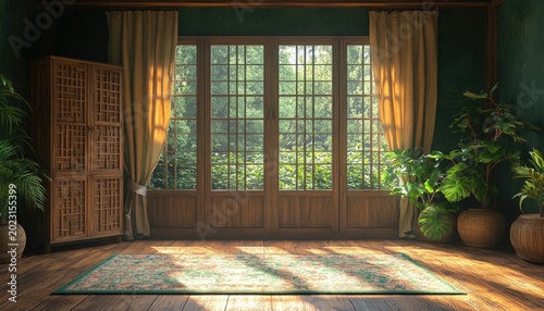 Room with wooden window, plants, rug and cabinet with sunlight. Perfect for showcasing interior design or a peaceful home setting.
