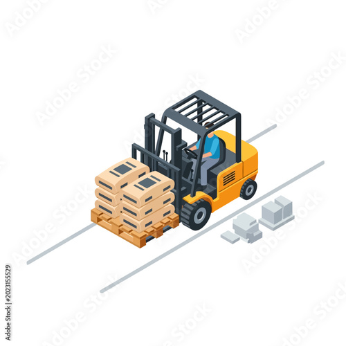 Isometric Forklift Truck Lifting Wooden Pallet with Bags Vector Illustration