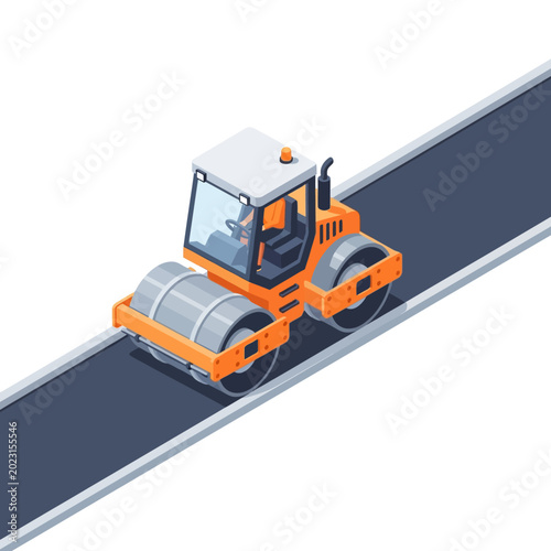 Isometric Road Roller Machine Compacting Asphalt, 3D Vector Construction Illustration