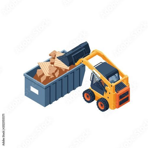 Isometric Skid Steer Loader Dumping Construction Rubble and Debris into a Industrial Skip Bin Dumpster, Heavy Machinery Vector for Waste Management and Demolition