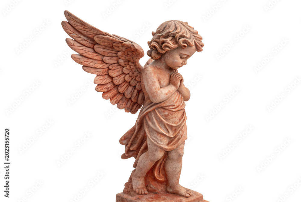 Fototapeta premium Terracotta rust pink cherub angel child praying hands clasped wings spread upward flowing robes downward gaze classical garden pedestal sculpture art