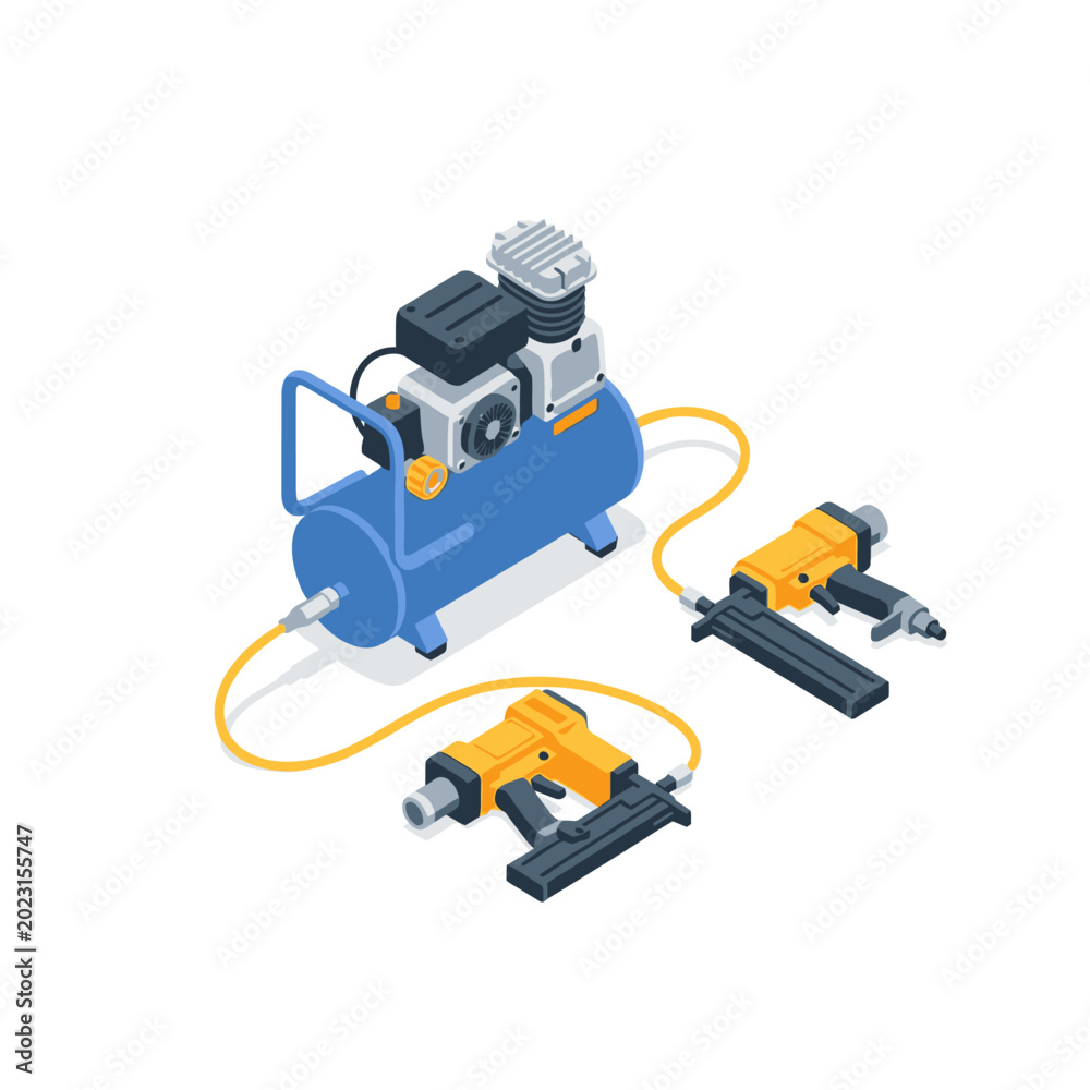 Naklejka premium Isometric Air Compressor and Pneumatic Nail Guns Vector Illustration - Industrial Power Tools for Construction and Woodworking