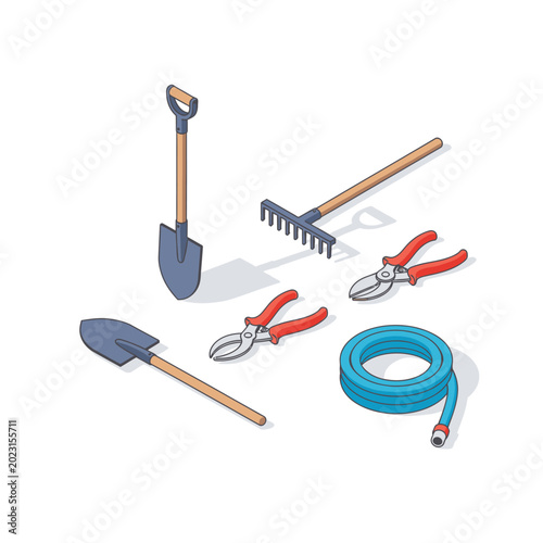 Set of Isometric Gardening Tools Vector Illustration with Shovel, Rake, Pruners, and Garden Hose