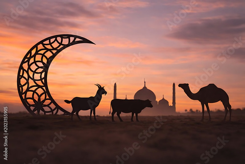 Goat, Cow, and Camel Silhouette with Mosque Sunset