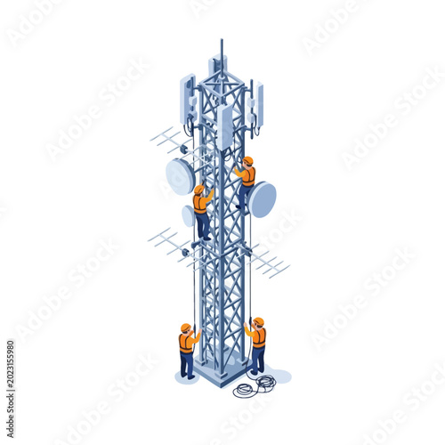 Isometric 5G Telecommunications Tower Illustration with Technicians Maintaining Cellular Antenna and Satellite Dish Network Infrastructure on White Background