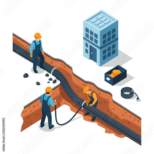 Isometric Construction Site Illustration of Workers Laying Underground Fiber Optic Cables and Utility Pipes Near Urban Building Infrastructure