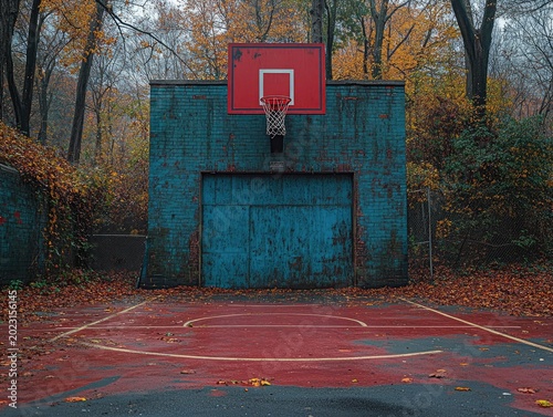Autumn basketball court with red backboard and blue brick wall. It can be used for backgrounds about fall sports.