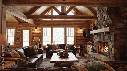 Cozy Rustic Cabin Living Room with Stone Fireplace