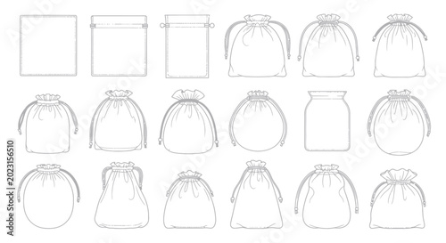 Set of various drawstring pouch and bag designs and templates