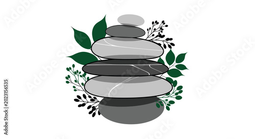 Canvas Print Zen stone balance with green leaves and dark berries illustration