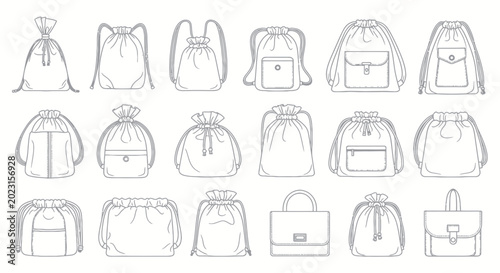 Set of drawstring bag and backpack line art illustrations