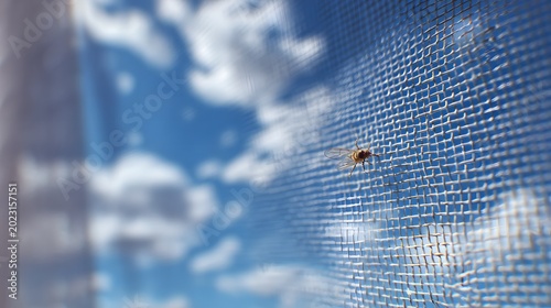 Macro illustration of a winged insect resting on a window screen with a clear blue sky background