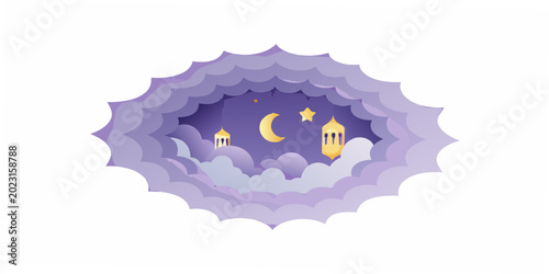 Bild auf Leinwand layered paper art of a night sky with crescent moon and minarets