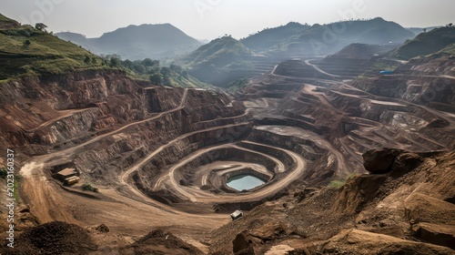 An aerial view of an open pit mine with a small lake in the center and mountains in the background.