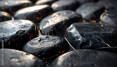 Wet black stones with water drops.