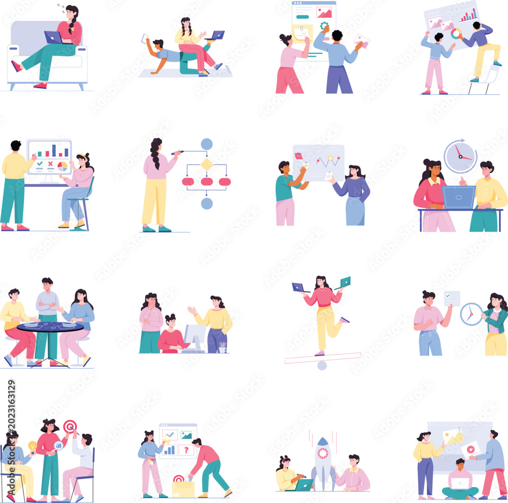 Fototapeta premium Workflow and productivity illustrations showing project planning, task management, scheduling, remote work, coordination, efficiency, strategy, time tracking, business processes, flat illustration, ve