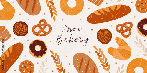 bakery seamless pattern with bread pastries and lettering