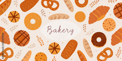 bakery seamless pattern with bread and pastry illustrations