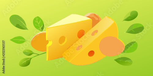 Foto swiss cheese and eggs 3d render with green leaves