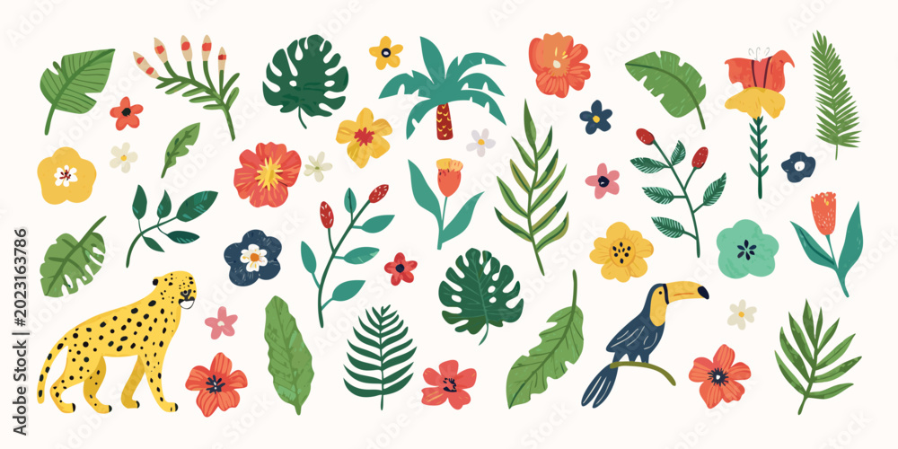 Obraz premium tropical floral and fauna illustration with jaguar and toucan