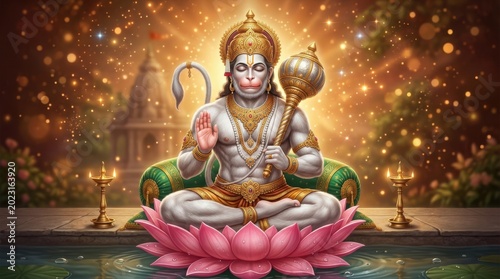 Lord hanuman sitting in meditation on a lotus flower with golden aura