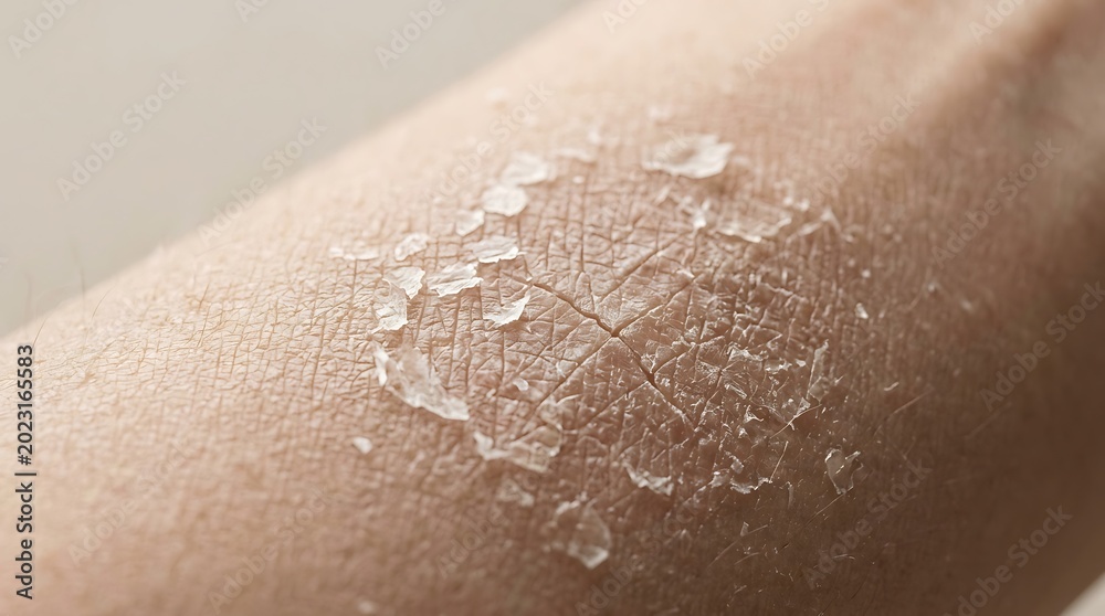 Fototapeta premium Close-up of Dry, Flaky, Peeling Human Skin on Arm, Illustrating Dermatological Conditions Like Sunburn or Eczema
