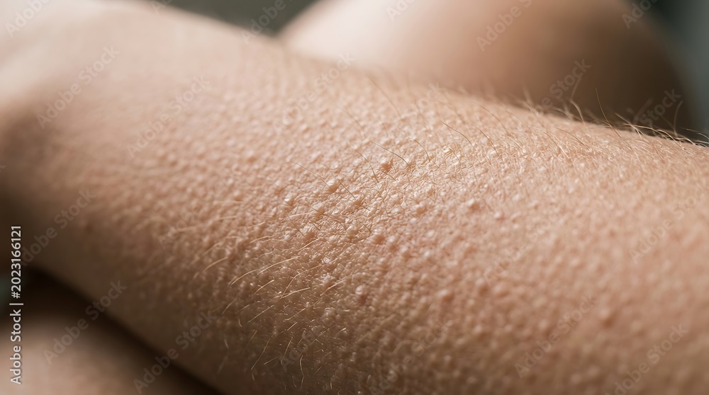 Naklejka premium Close-up of Human Arm with Goosebumps: Piloerection on Pale Skin, Caused by Cold, Fear, or Strong Emotion, Detailed Texture of Skin Reaction
