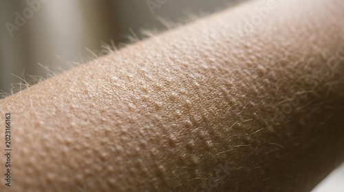 Close-up of Human Skin with Goosebumps: Detailed Texture of Raised Hair Follicles on an Arm, Indicating Cold, Fear, or Strong Emotion