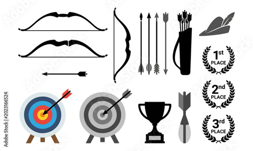 Photos Archery Equipment Icons and Bow Arrow Target Silhouette Set
