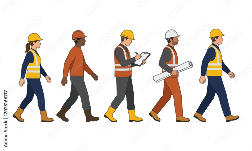 Obraz premium Construction Workers Team Walking Together on White Background