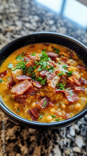 Savory bacon lentil soup with fresh herb garnish in black bowl on granite countertop