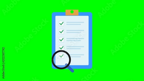 Animation of a checklist on a blue clipboard with green checkmarks appearing and a magnifying glass for video editing on a green screen background