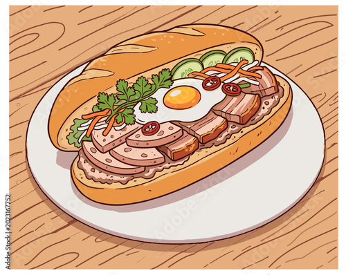 Vietnamese Banh Mi Sandwich with Pork Illustration