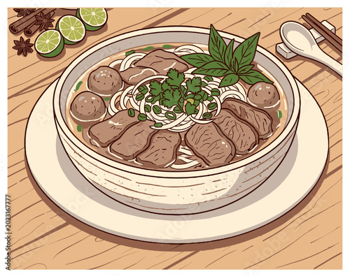 Vietnamese Pho Beef Noodle Soup Illustration