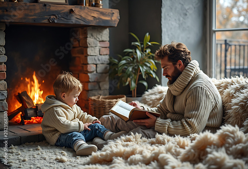 Father reading book to son by fireplace.