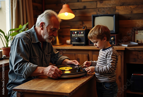 Grandfather and grandson bonding over vintage record player in cozy room.