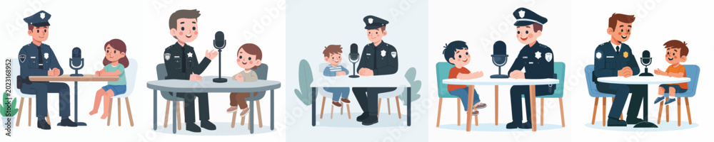 Fototapeta premium Police vector is doing a podcast with a small child