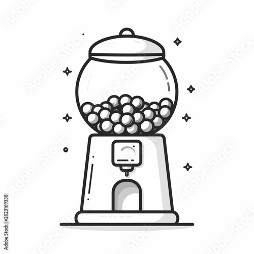 A black and white line art illustration of a vintage gumball machine.