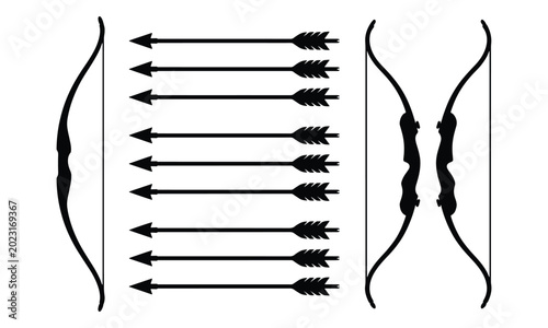 Archery Bow and Arrows Silhouette Set on White Background