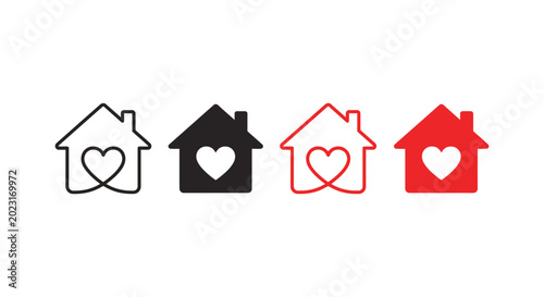 Картината върху платно House with heart icon set representing home, love, and family in outline, solid,