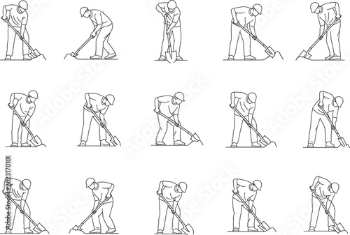 Line sequence actions of a person in a hard hat digging with a shovel, showing various poses in clean minimal line drawing style