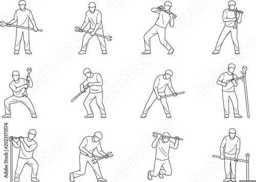 Collection of line figures of a person holding and using a large wrench in various dynamic poses in clean minimal line drawing style