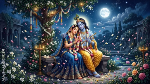 Lord krishna and radha sitting together under a tree on a full moon night