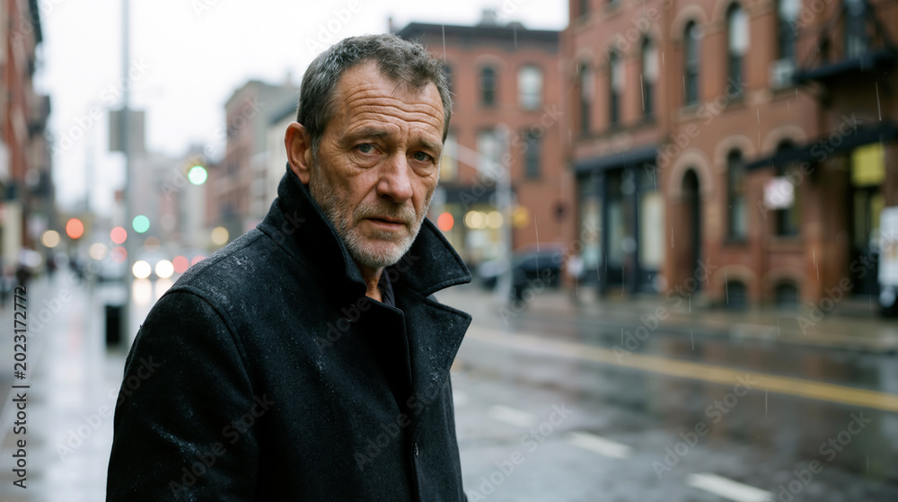 Fototapeta premium A mature man standing alone on a rainy city street, expressing deep sadness and internal struggle while wearing a dark winter coat in a damp urban environment representative of solitude.